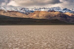Alvord Desert playa with snow capped Steens rising in the background